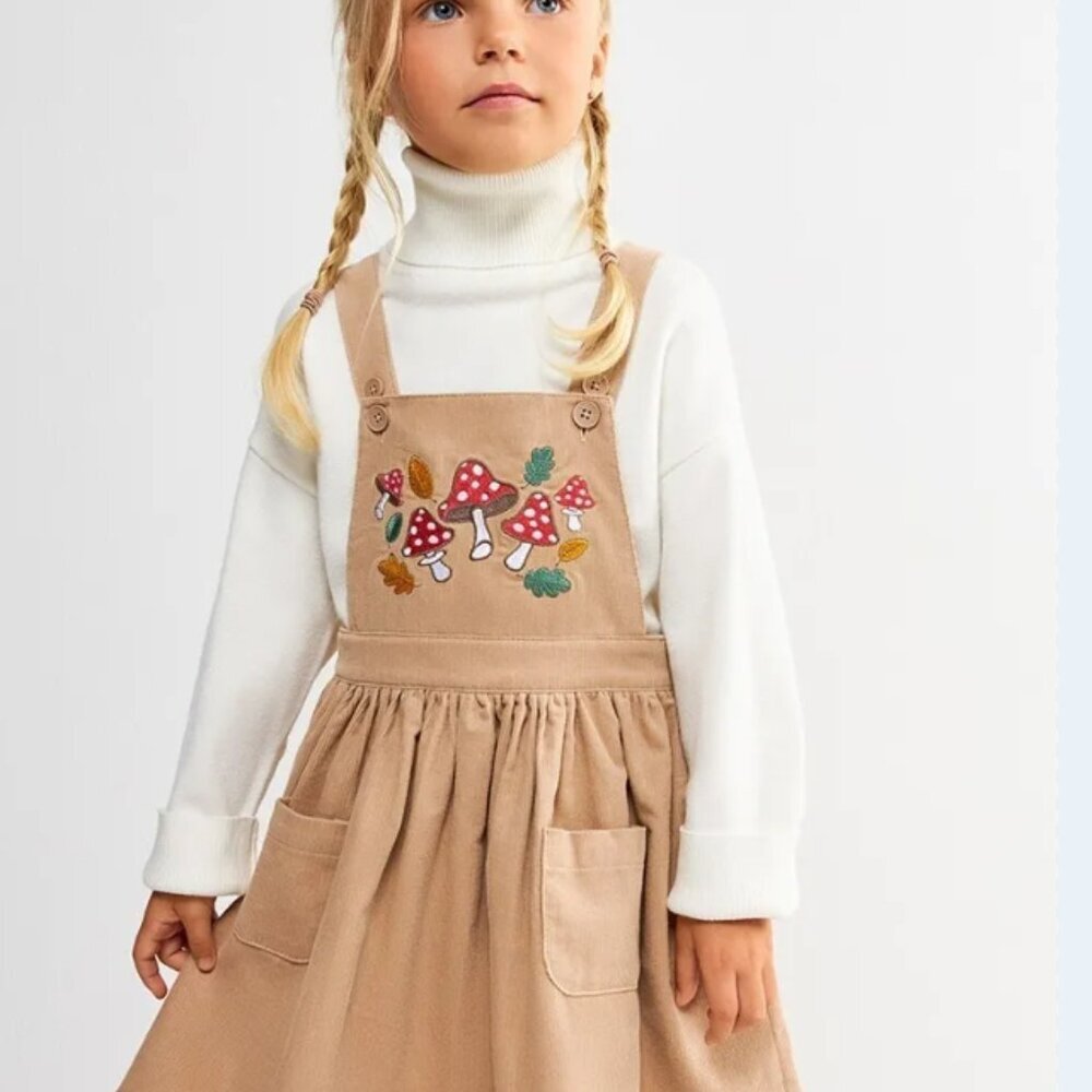 Tan Kids Corduroy Overall Dress with Mushroom Embroidery‎ Size 7